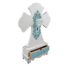 MDF Standing Table Cross With Keepsake Drawer Light Blue Door Plate Knob Accent