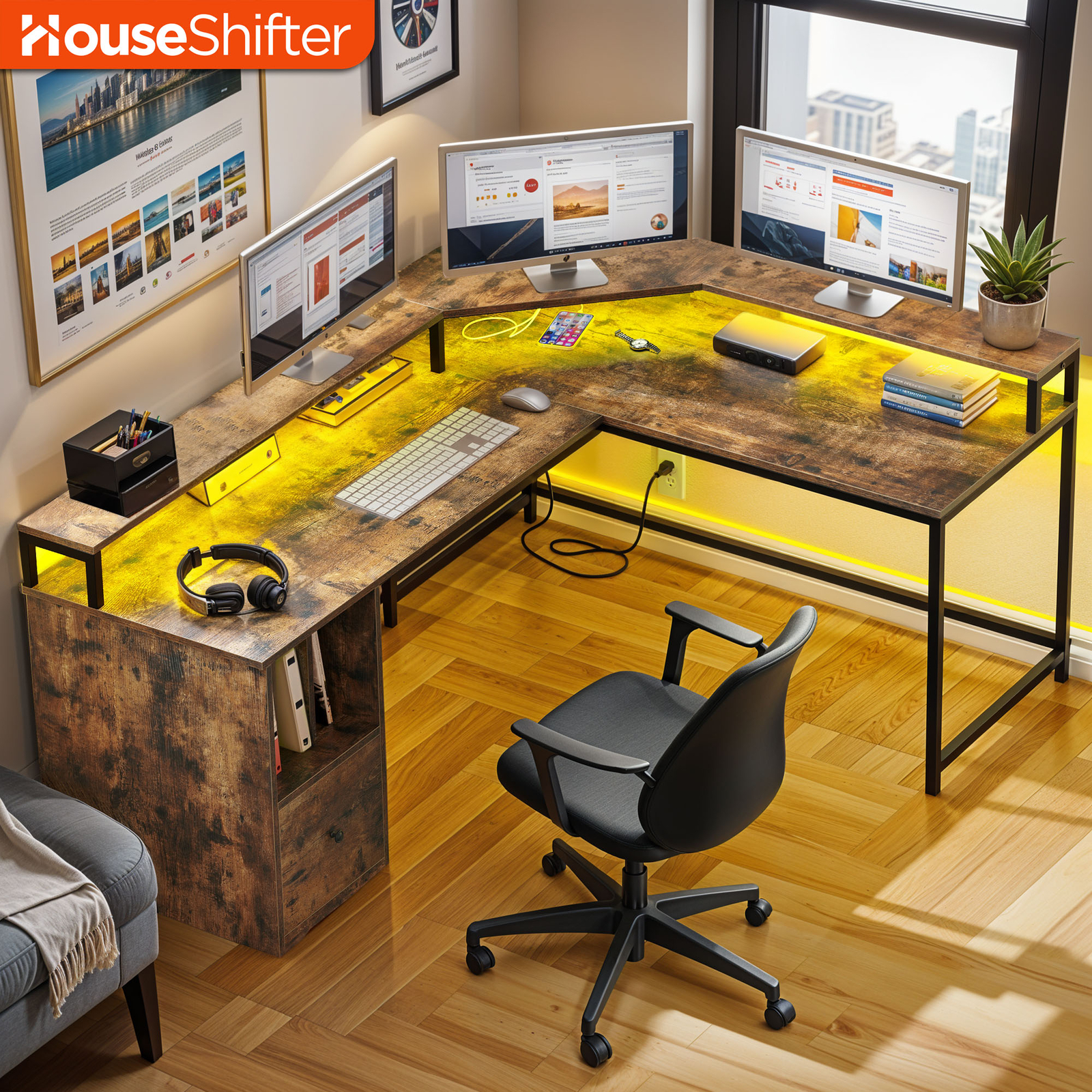 Modern Computer Desk with Monitor Stand, File Drawer, Power Outlet & LED Light for Office Efficiency-image