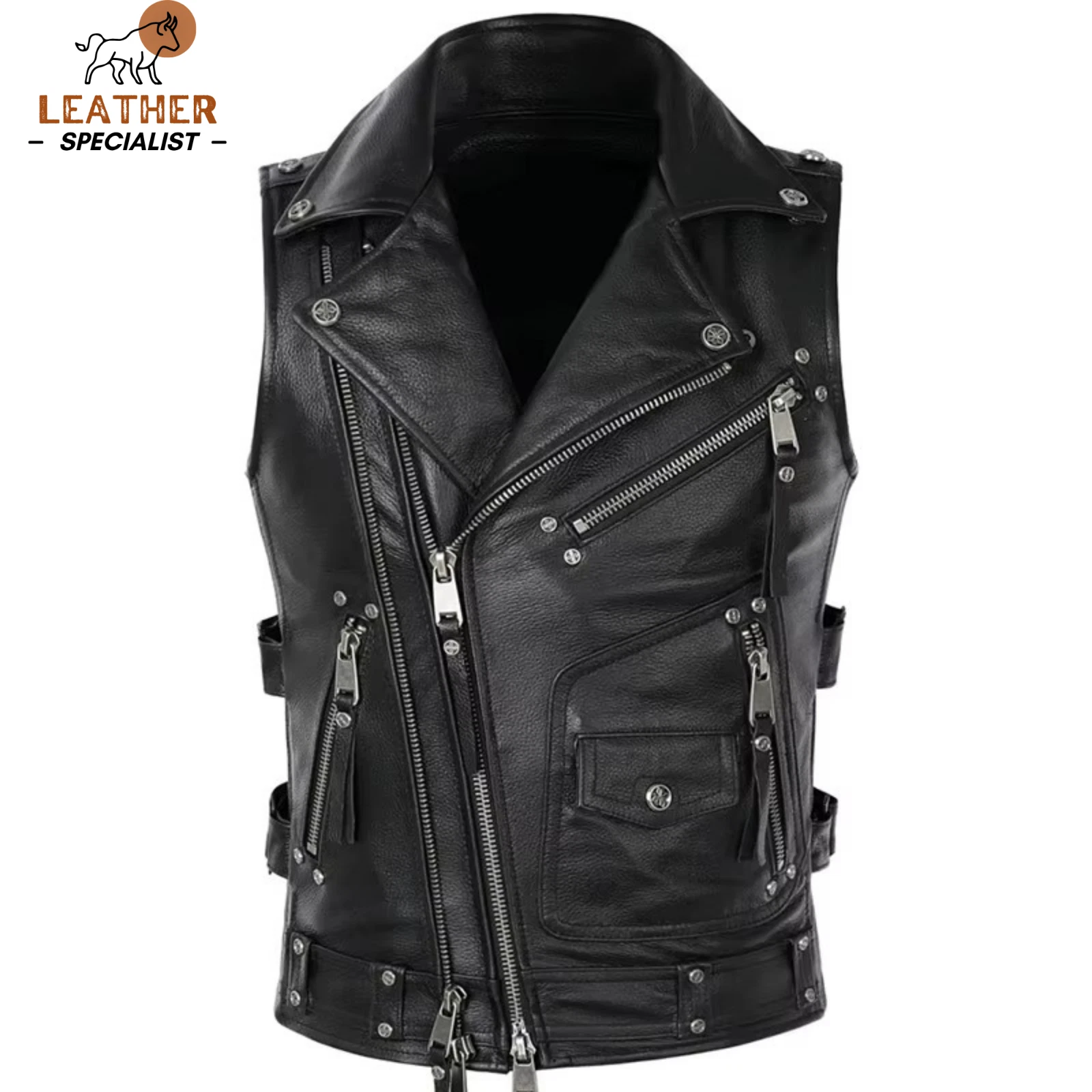 Men's Black Genuine Leather Biker Vest Motorcycle Punk Rock Riding Waistcoat