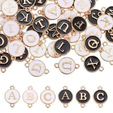 52 Pcs Letter Initial Charm A-Z Double Hanging Round Letter Charm Black, White