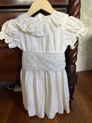 La Coquetta White 5Y 100% Linen A-Line Flower Girl Dress with blue floral sash