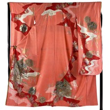 JAPANESE KIMONO FURISODE Salmon Pink 152cm 5 ft 0 in PURE SILK AA10078