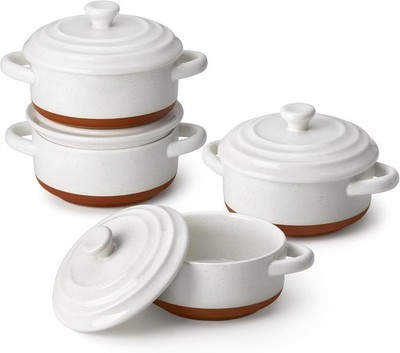 MALACASA Mini Cocotte Set 440 ml 4 Stück Backofenfest Steingut Vanille