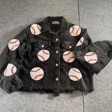 Live Love Gameday Jacket Women’s Medium Black Corduroy Baseball Sequin Raw Hem