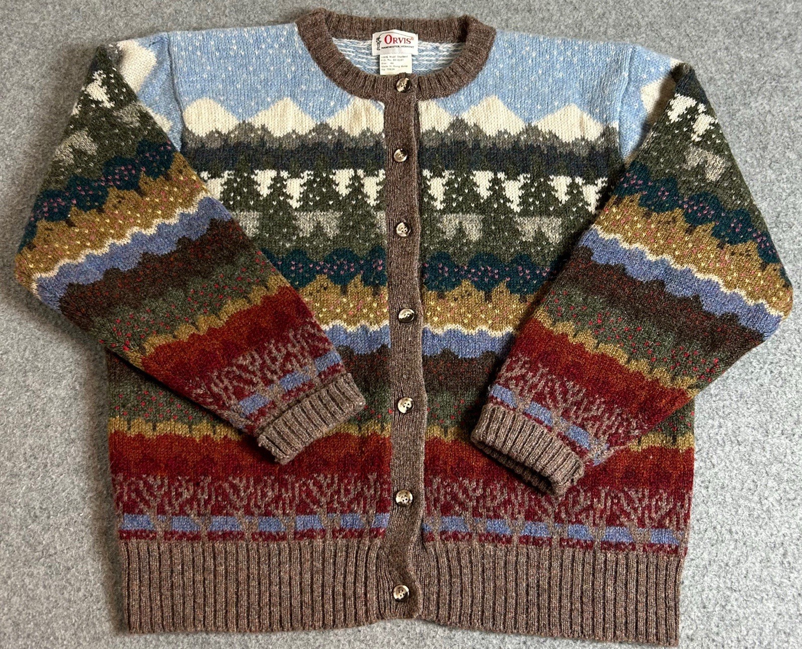 Vintage Orvis Sweater Womens 44 Shetland Wool Trees Mountains Outdoor Cardigan