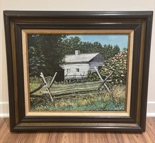 Vintage Oil Painting Cabin Landscape Split Rail Fence Rustic Farm 20x28 Framed