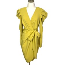 Fashion Nova Wrap Gathered Statement Dress Chartreuse 1X Long Sleeve Cocktail 