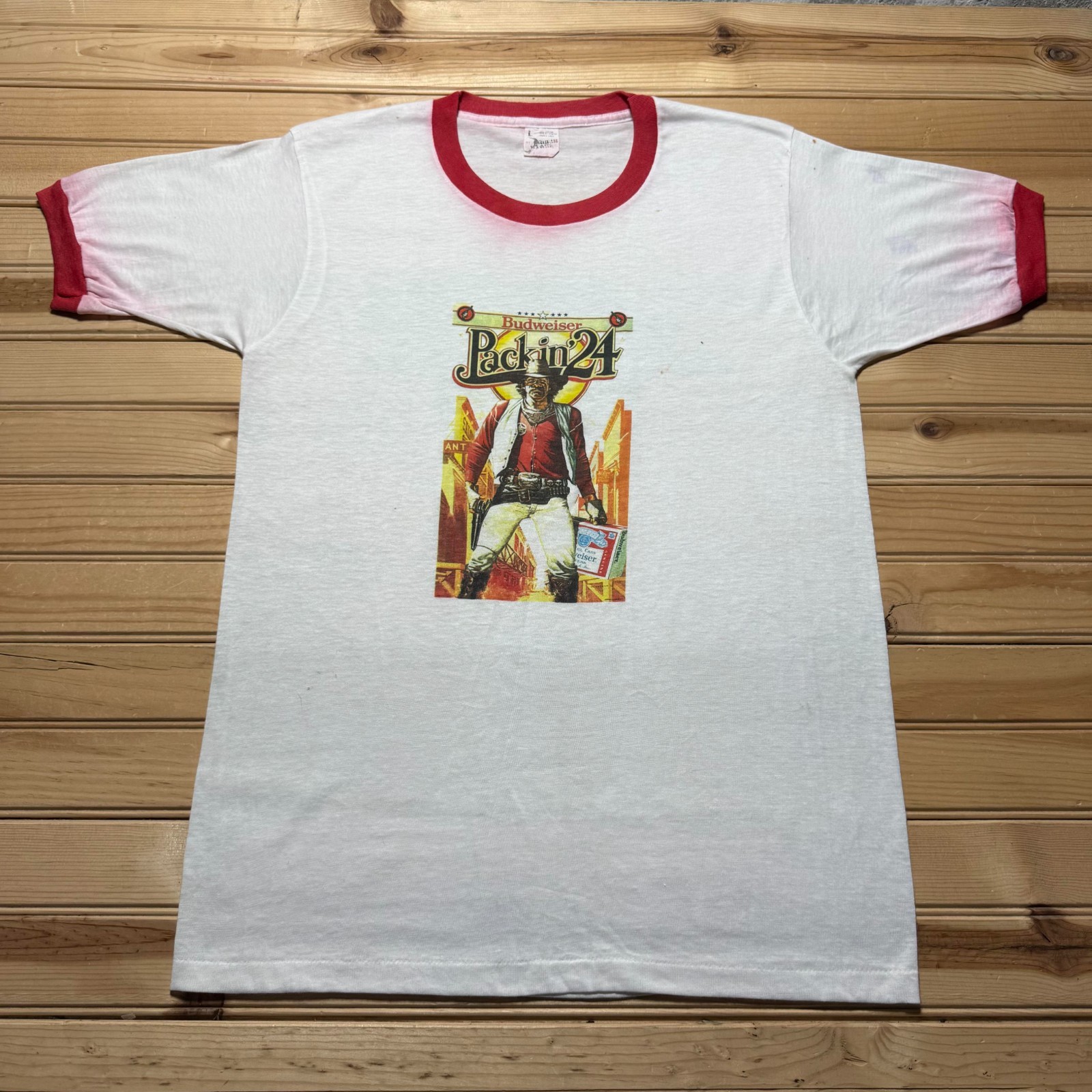 Vintage 80s Budweiser Packin' 24 Cowboy Ringer T-Shirt USA Made Youth Size Large