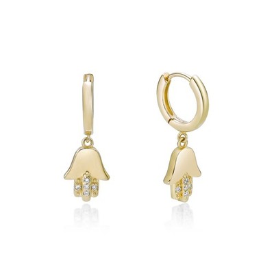 18K Yellow Gold Plated 925 Sterling Silver Hamsa Hand Earrings With Diamond