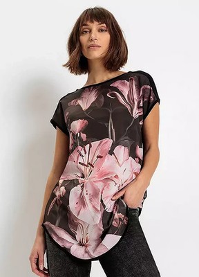 Freemans Longline T-Shirt in Black Floral   Plus Size UK 22/24      (fj112-1)