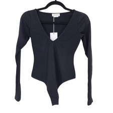 Lovers  Friends Long Sleeve Amza V-Neck Thong Bodysuit In Black Size XXS