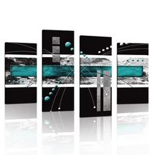 Large Black Teal Canvas Wall Art - 4 Panels Modern Abstract Picture Set for H...
