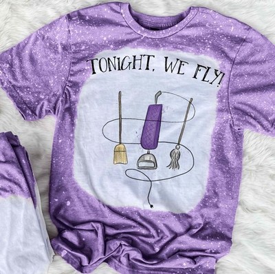 Tonight We Fly Bleached T-Shirt Witchy Halloween Broom Graphic Tee