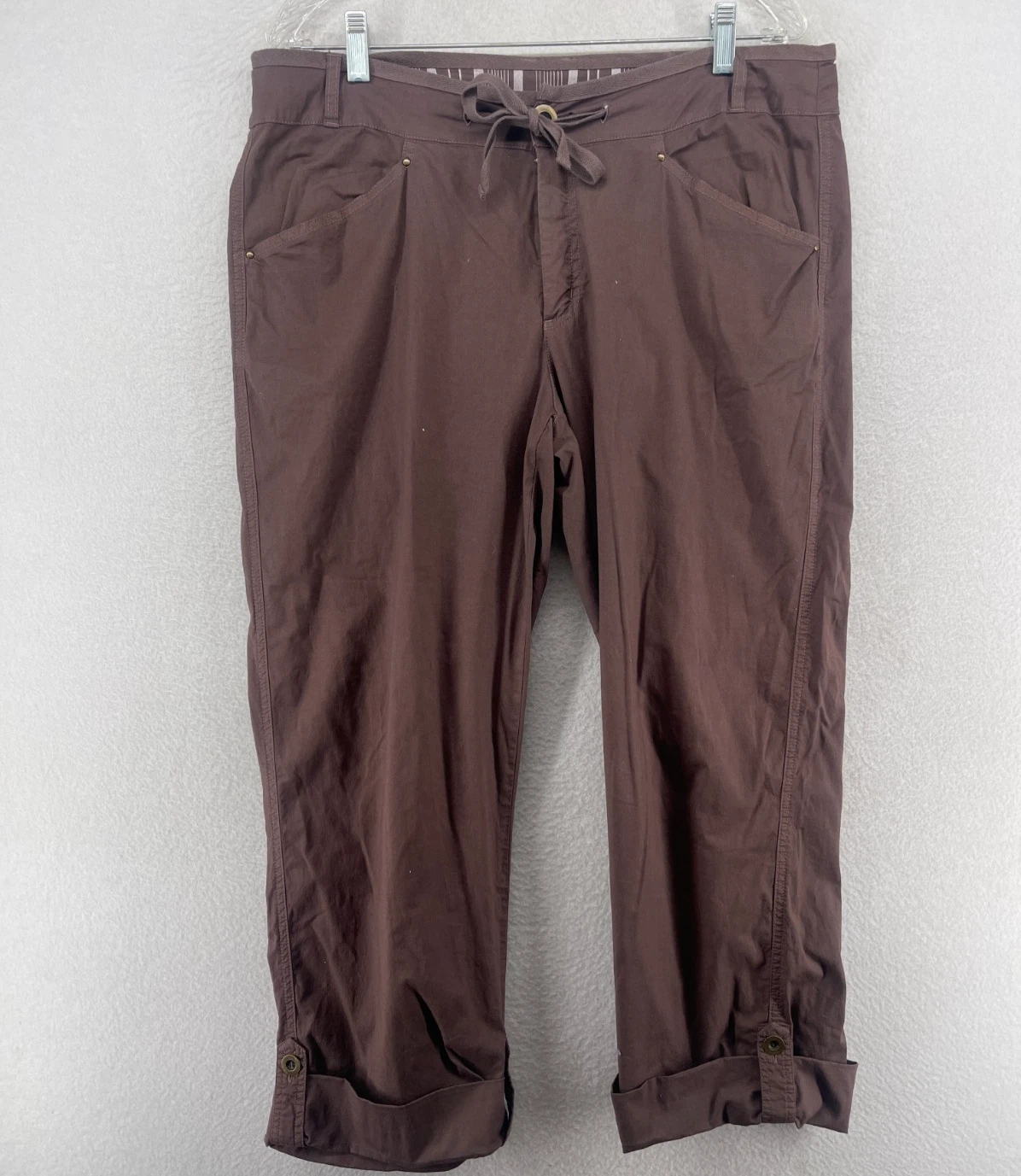 FRESH PRODUCE Pants Womens M Capri Drawstring Straight Leg Cropped Brown