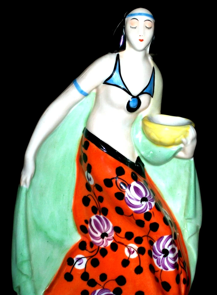 ANTIQUE GERMAN ART DECO LADY EXOTIC DANCER FLAPPER PORCELAIN LAMP FIGURINE - Image 1 of 4