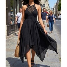 GUESS Black Crochet Lace Halter Handkerchief Hem Silk Blend Dress 6 Boho Fairy