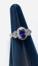 925 Sterling Silver Oval Cut Real Amethyst Engagement Wedding/ Ring Size 6 E3