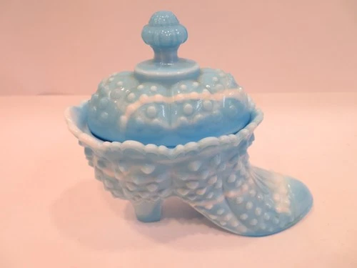 Vintage Fenton Blue Slag Glass Hobnail Boot/Slipper/Shoe/Lid & Original Sticker