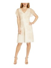 ADRIANNA PAPELL Womens Beige Lined V Back Flutter Sleeve Fit + Flare Dress 2