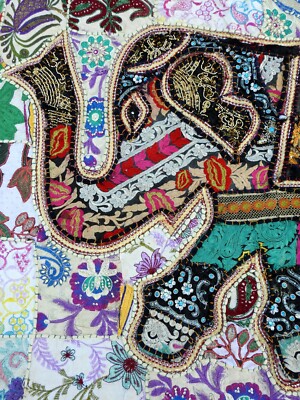 Grande Tapisserie Murale éléphant Patchwork Bleu - Broderie Main Ethnique Inde 150x100 Cm