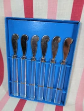 Mid Century MoDern 6pc Lucite Handle Appetizer Spreaders + Box Stainless Taiwan