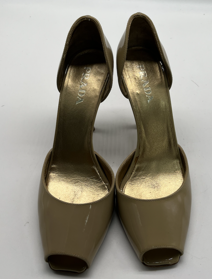Prada Beige Patent Leather D'Orsay Peep Toe Square Toe Heel sz 36