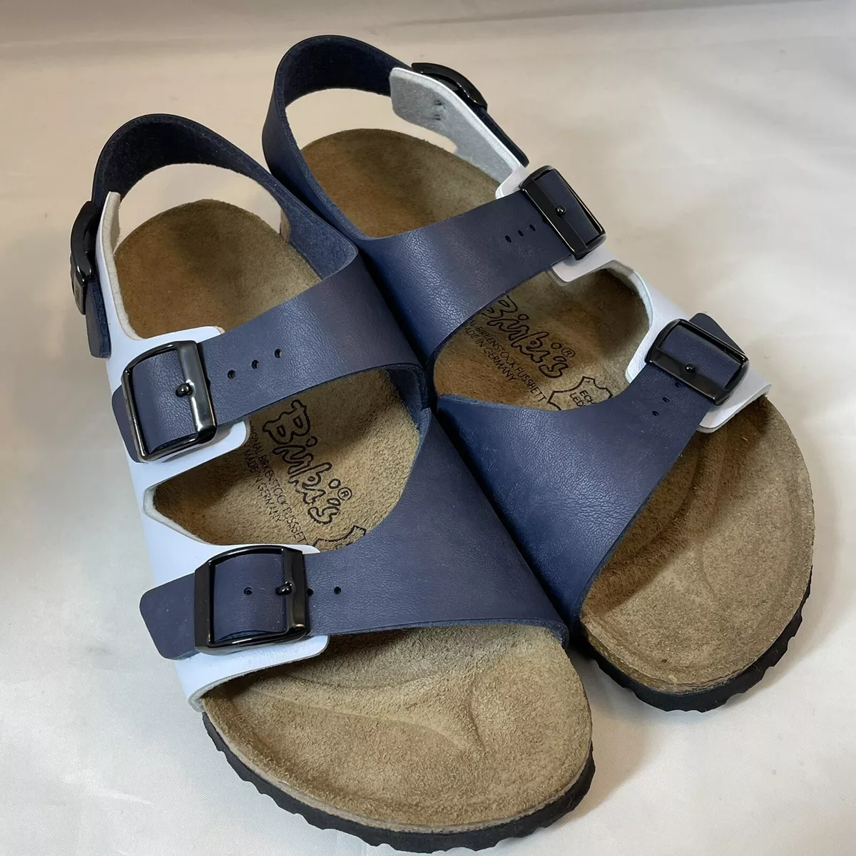 Birkenstock Birki s Birko Flor Le Mans Polar Blue Two Tone Sandals Sz 7.5 New