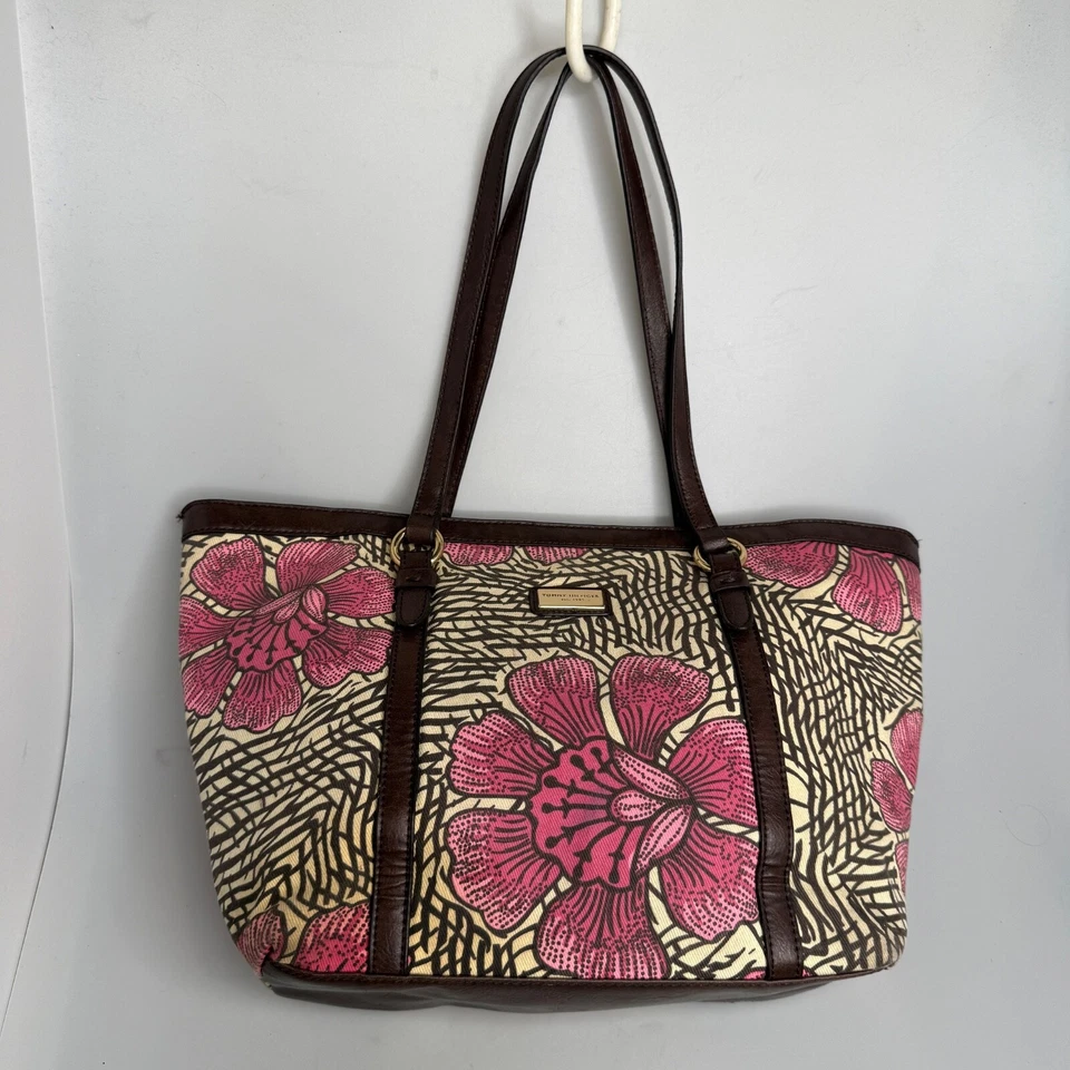 Bolso Tote de Lona Floral Rosa Tommy Hilfiger con Acentos de Cuero Marrón 17"x10"x5" EUC- Foto 2 de 4