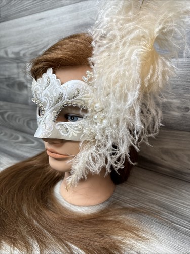 Mardi Gras Masquarade Mask/ Hand Painted Cream/Off White Signed, Made in Italy-F - Picture 5 of 24