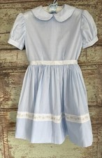 VTG 50s 60s Blue Sheer Girls Party Dress Handmade Full Skirt w/ Trim SZ 6 8