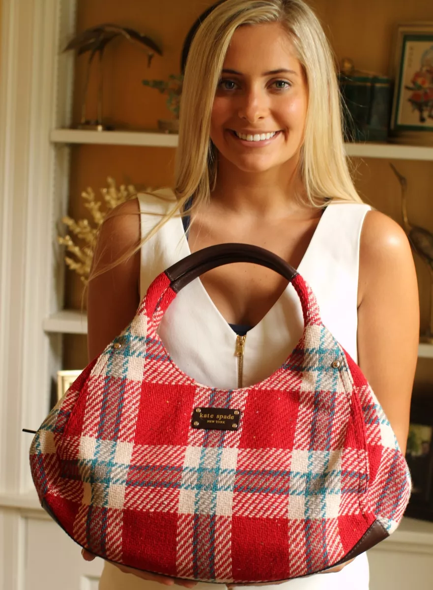 Kate Spade WOOL PLAID Karen Large HOBO TOTE BLUE RED BAG Shoulder