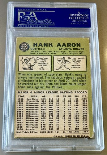 1967 Topps Hank Aaron #250 Vintage Graded PSA Atlanta Braves *J650 - Picture 2 of 2