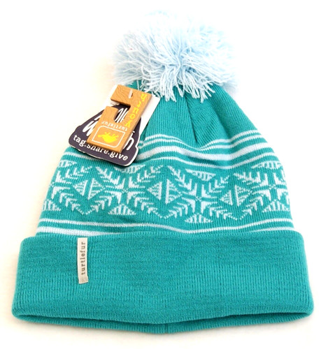 Turtle Fur Dark Turquoise & White Knit Cuff Pom Beanie Youth Ages 7-12 NWT