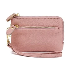 Women Leather Coin PurseLarge Opening For Easy AccessWith Wrist StrapPink