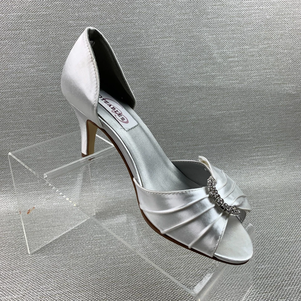 Dyeables Pumps White Satin Peep Toe Rhinestone Slip On Shoes Size 6.5B NEW - Image 2 of 4