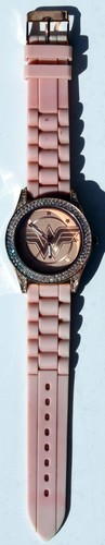 Accutime Wonder Woman Watch Womens 40mm Gem Set Case Pink Rubber Band