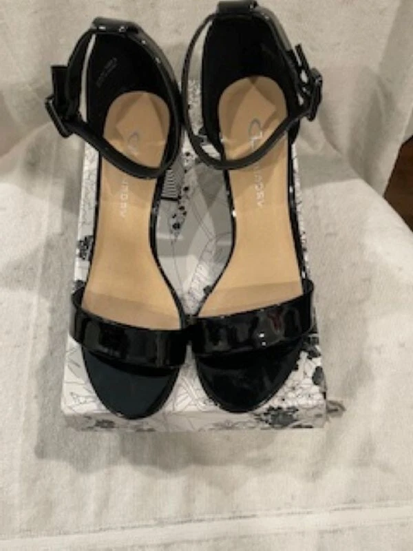 Sandalia china de lavandería "JODY" charol negro a rayas tacón bloque-7M-NUEVA EN CAJA Foto 2 de 4