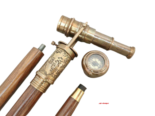 Nautical Wooden Walking Stick Cane Spyglass Antique Telescope On Top Compass - Picture 2 of 10