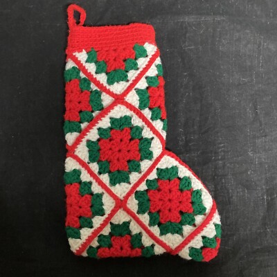 Vintage Hand Crocheted Afghan Green Granny Square Christmas Stocking 14 