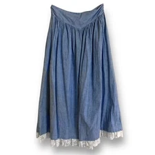 VTG Gunne Sax Sz 9 Blue Chambray Denim Lace Maxi Skirt Super Rare Prairie Modest