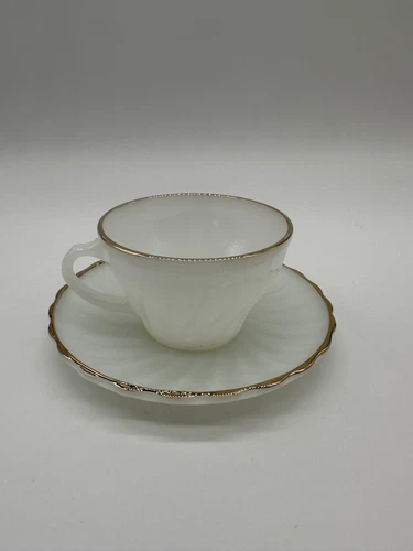 Anchor Hocking Fire King SWIRL  Coffee Tea Cup & Saucer Set Gold Rim