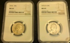 Lot of 2 NGC-CERTIFIED Washington Quarters 1972/1973 D Graded MS65 25¢