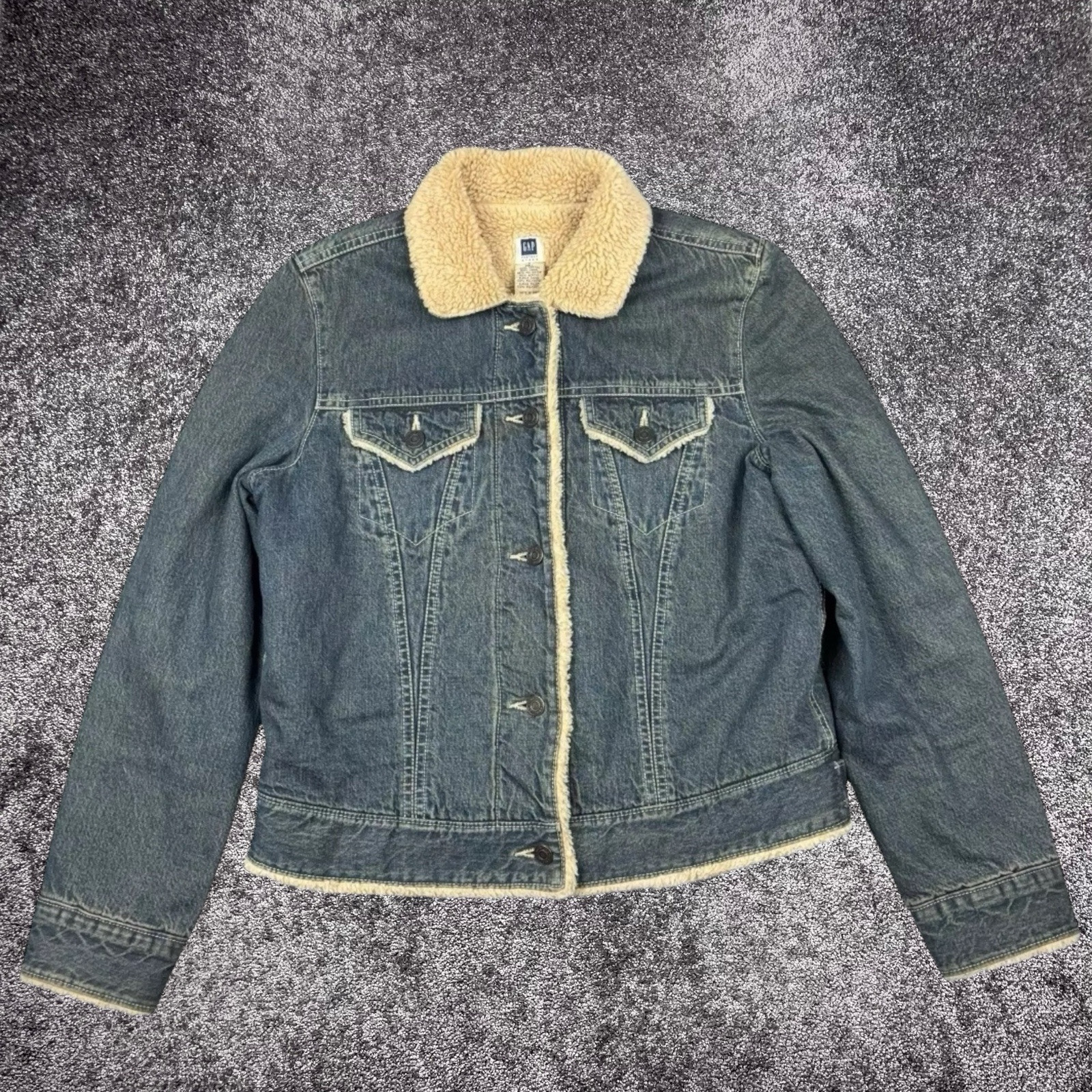 Y2K Gap Sherpa Fur Lined Denim Trucker Jacket Women's Small Cozy Warm Streetwear