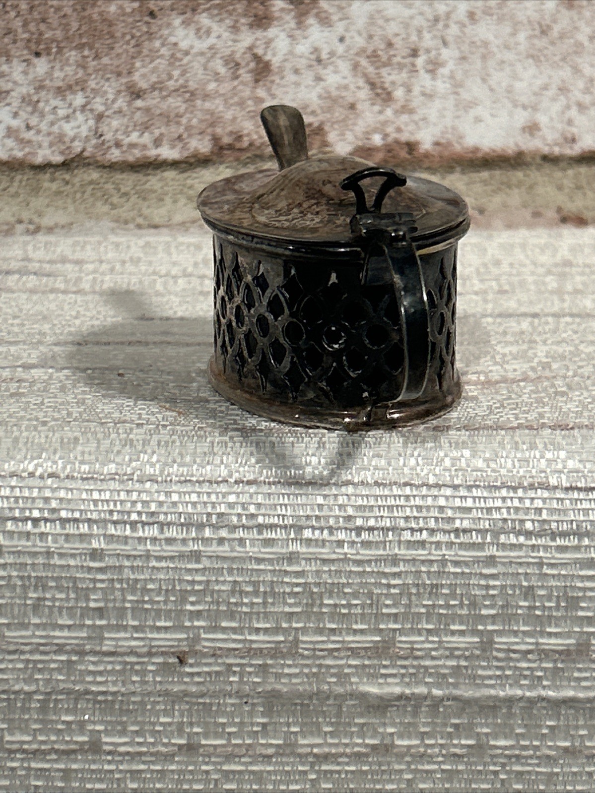 English Mustard Container W/Silver Plated Spoon~Lined With Cobalt Blue Glass