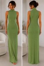 NA-KD Green Ribbed Maxi Dress High Neck Sleeveless Bodycon Floor Length S