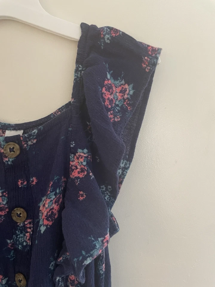 Justice Kids 女孩 Allover 花卉 100% 纤维胶荷叶边无袖连身裤海军蓝 7 — 第 3/4 张图片