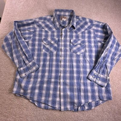 Wrangler American Cowboys Shirt Men s 2XL Blue Plaid Western Snap SEE PHOTOS