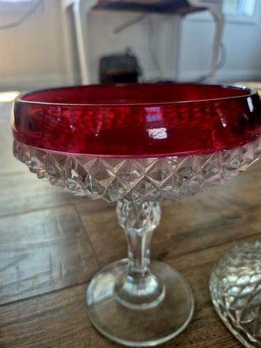 Vtg Indiana Diamond Point Cut Glass Cranberry/ Ruby Red Pedestal Candy Dish - Picture 3 of 9