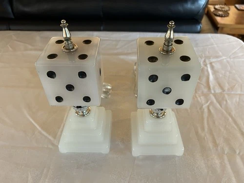 Vintage Dice Side Table Lamp Pair Mid Century  Houze Milk Glass