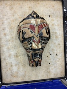 Rare Vintage African Painted Wood Ceremonial Mask Metal Frame 13” x 15”